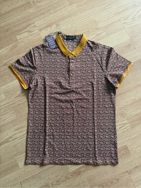 Paul Smith Men’s Brown Floral Polo with Mustard Collar